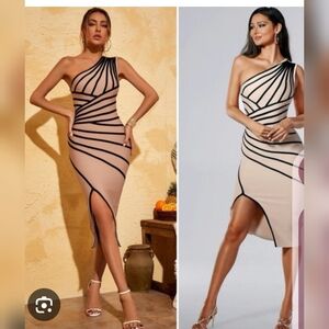 Stylish One-Shoulder Beige and Black Dress